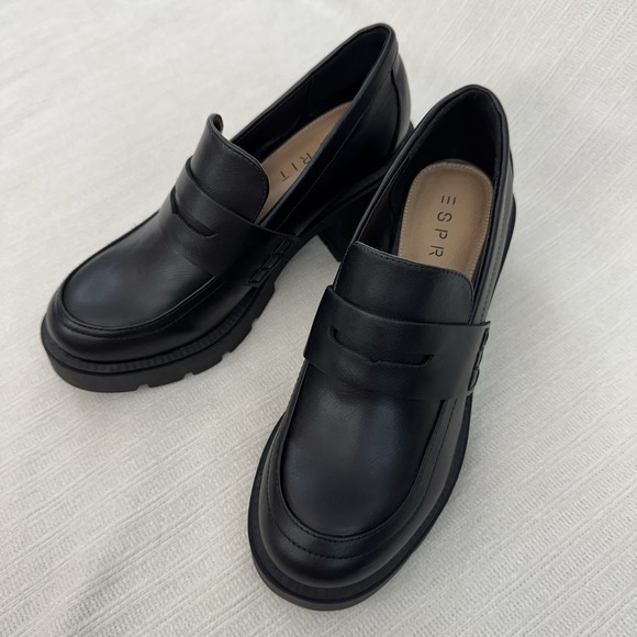 Esprit Shoes - Esprit Platform Loafer Heels Womens 7.5 Black Chunky Lug Sole Slip On